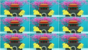 Shangqiu ancient city landmark building  cityscape illustration  Chinese paper-cut ink  poetic carto 3D
