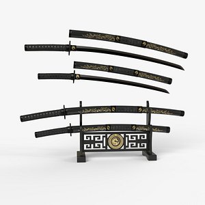 3D Black Double Bladed Katana Wakizashi and Stand