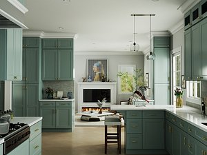 Modern Transitional Green Kitchen And Living Room Scene 3D
