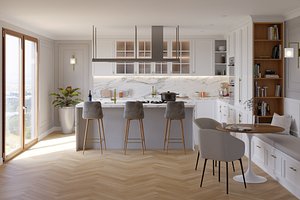 Classic America kitchen with island in white and marble 3D