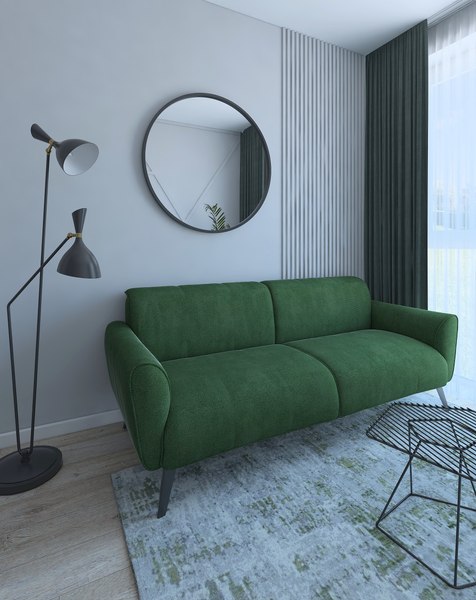 3D Cozy guest room with green sofa