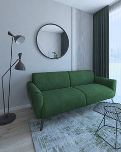 Cozy guest room with green sofa