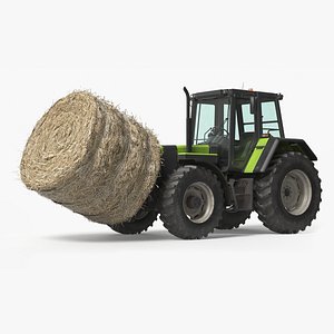 3D Agricultural Tractor with Round Hay Bale Green