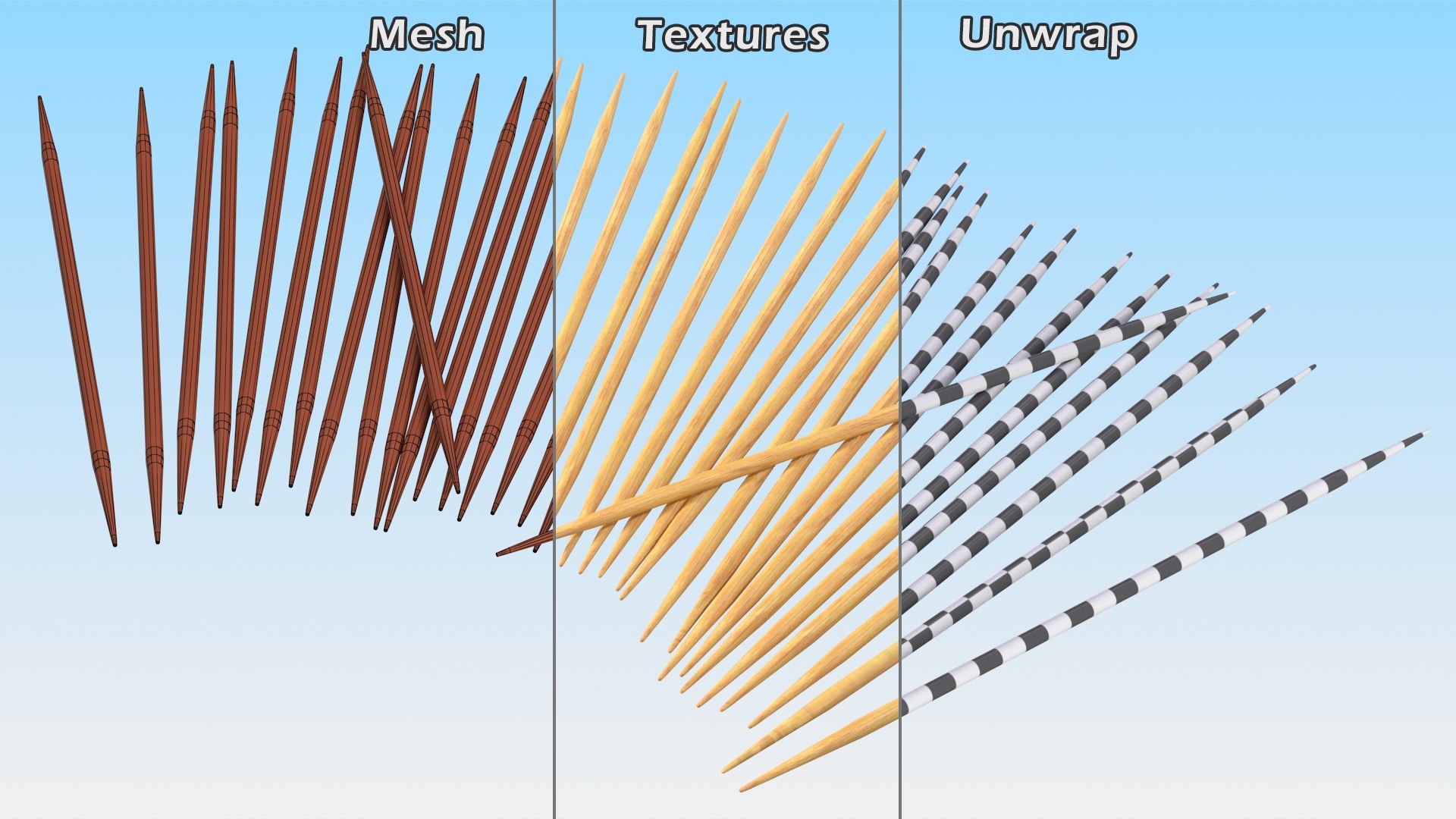 3D pile toothpicks tooth model https://p.turbosquid.com/ts-thumb/FU/e30inZ/IE/toothpickscollection3dsmodel006/jpg/1617000740/1920x1080/fit_q87/48882f179cce12fbceac1495ce5236821ec48cb6/toothpickscollection3dsmodel006.jpg