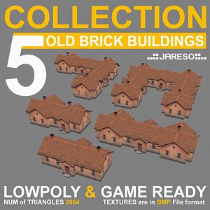 Lowpoly collection of 5 industrial brick buildings - collection_5_old_brick_buildings_002_abcde