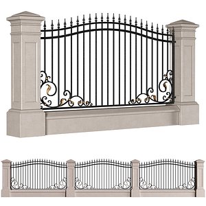 Fence in classic style with wrought iron railing 3D model