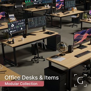 3D Modular Office Desk Set 16 Assembled Models  and 44 Modular Components