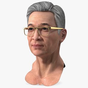3D Asian Old Aged Man Head Wearing Glasses model