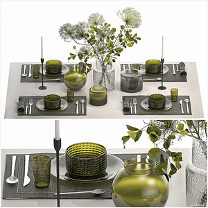 Stylish Table Setting For 4 Persons With A Bouquet 3D