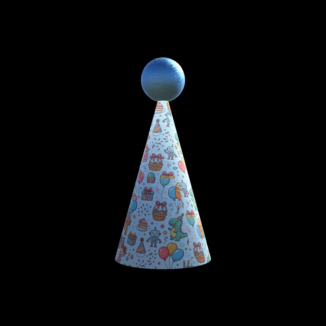 Cute Cartoon Party Hat with Top Sphere and 4K PBR Textures model https://p.turbosquid.com/ts-thumb/Fb/DvuPQJ/6z/ph2_left0001/jpg/1791680603/1920x1080/fit_q87/3d64d9725512d1870a8b1560e83013aec7962d54/ph2_left0001.jpg