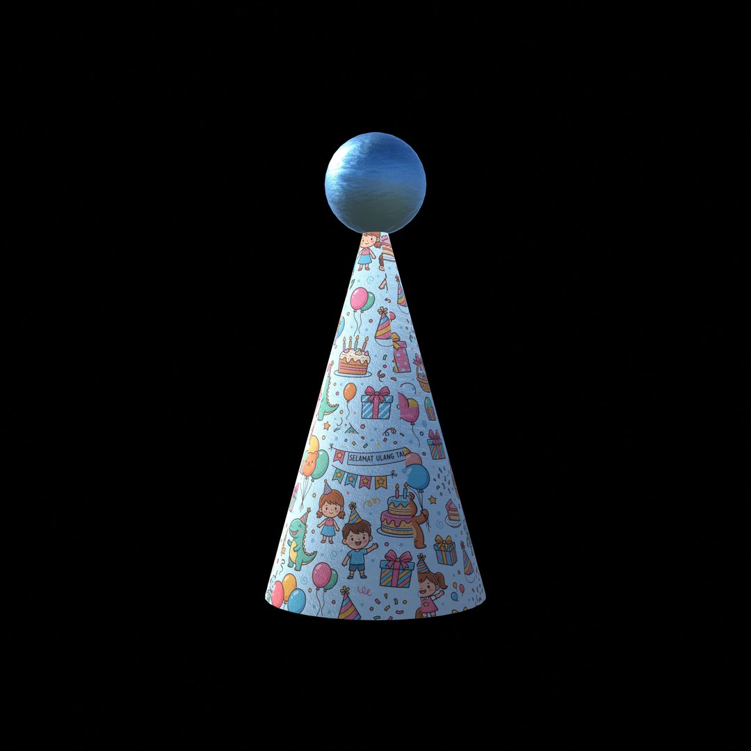 Cute Cartoon Party Hat with Top Sphere and 4K PBR Textures model https://p.turbosquid.com/ts-thumb/Fb/DvuPQJ/9j/ph2_back0001/jpg/1791680595/1920x1080/fit_q87/e14c593a39e4a8a1524c8db359d43cba2a7bdec8/ph2_back0001.jpg