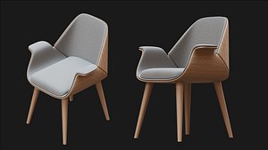 Modern mid-century gray upholstered armchair with wooden frame and legs