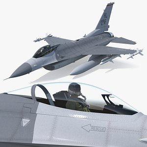 Fighter F-16 with Pilot and Missile Launcher LAU-129