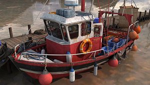 Fishing Boat Red White Vintage Vessel with Dock Buoy Props 3D model 3D model