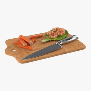 Seafood on Wooden Chopping Board 3D