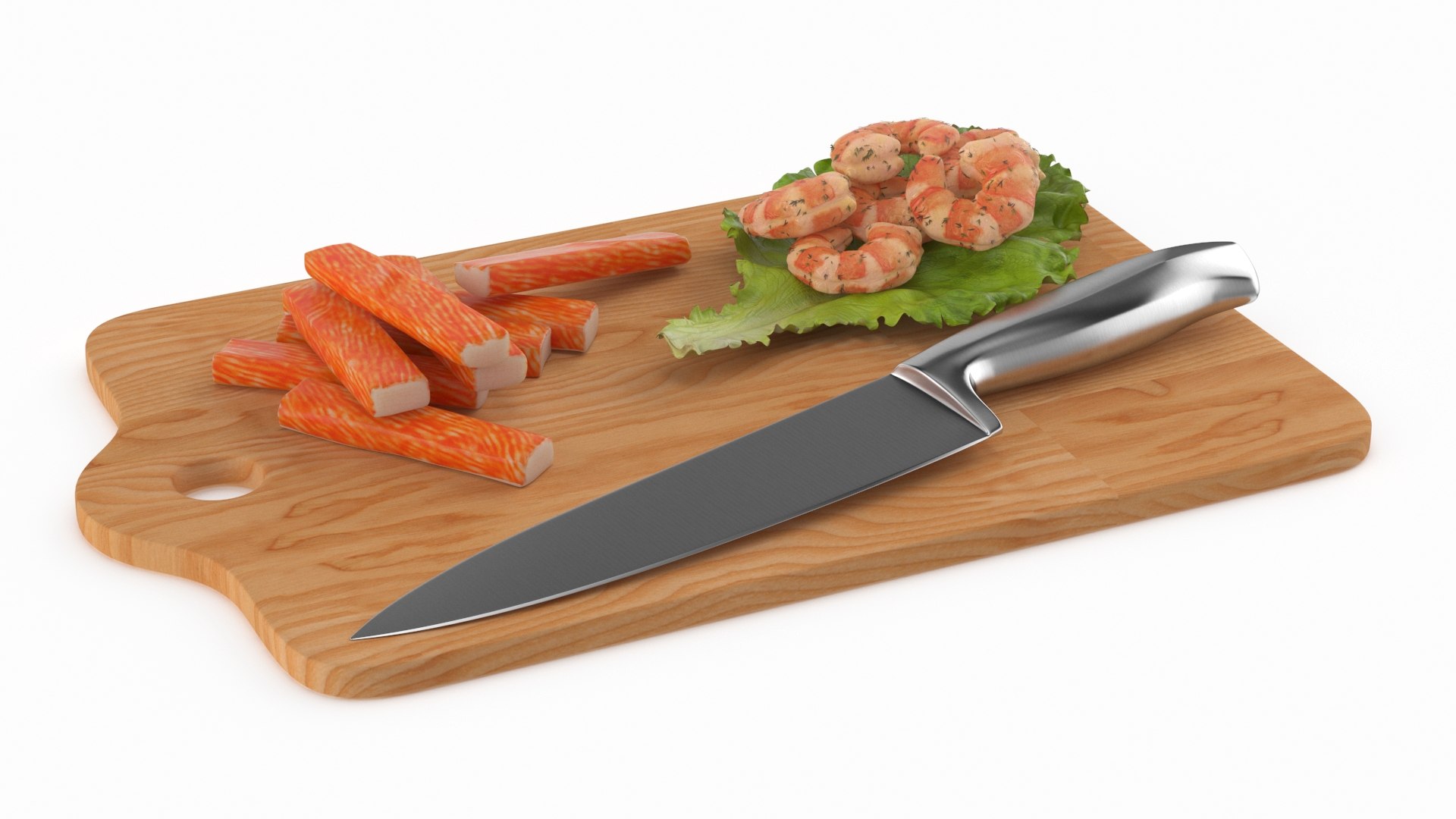 Seafood on Wooden Chopping Board 3D model preview