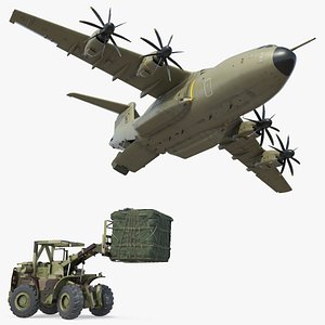 Forklift Loads Cargo to the Airbus Atlas Military Transport Green Rigged 3D model