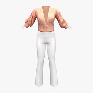 Coral Wrinkled Open Chest Blouse And White Formal High Waist Trousers 3D model