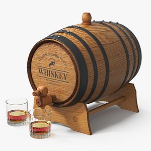Oak Whiskey Barrel with Tap And Glasses model