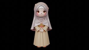 3d model figure hijab Adorable Cartoon Style Character in Traditional Dress with a Happy Expression 3D model