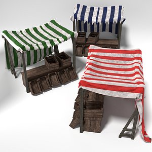 Medieval market stalls tents set with crates
