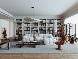Modern Living Room with Bookshelf model