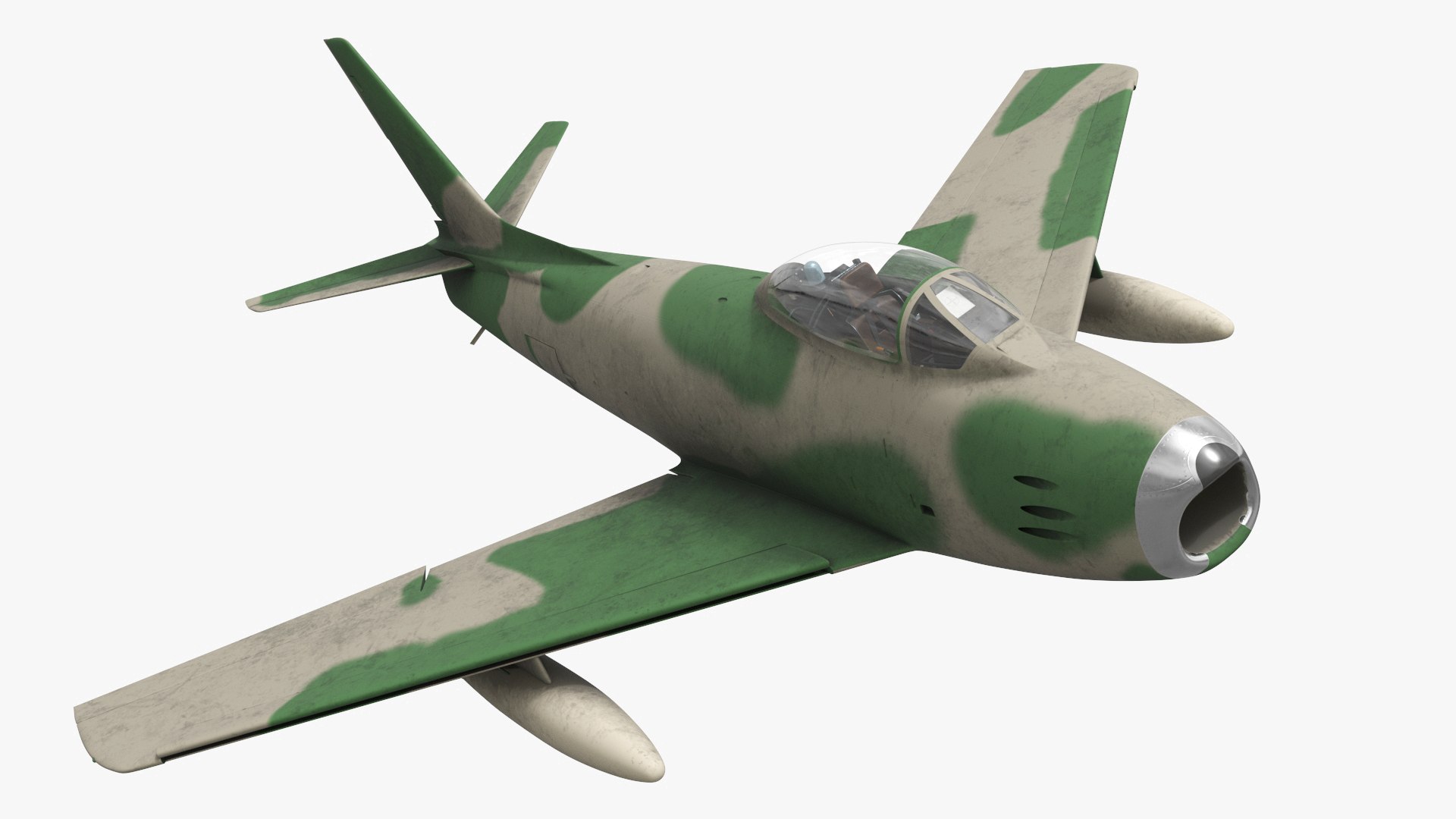 Retro Combat Jet With Front Air Intake Camouflage with Interior Rigged for Cinema 4D 3D model for aviation visualization, airport scenes, simulation, animation, and cinematic rendering