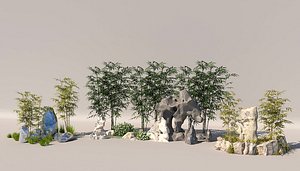 3D Rockery stone plant bamboo forest model