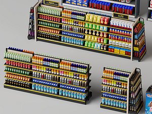 Convenience store supermarket shelves and merchandise model