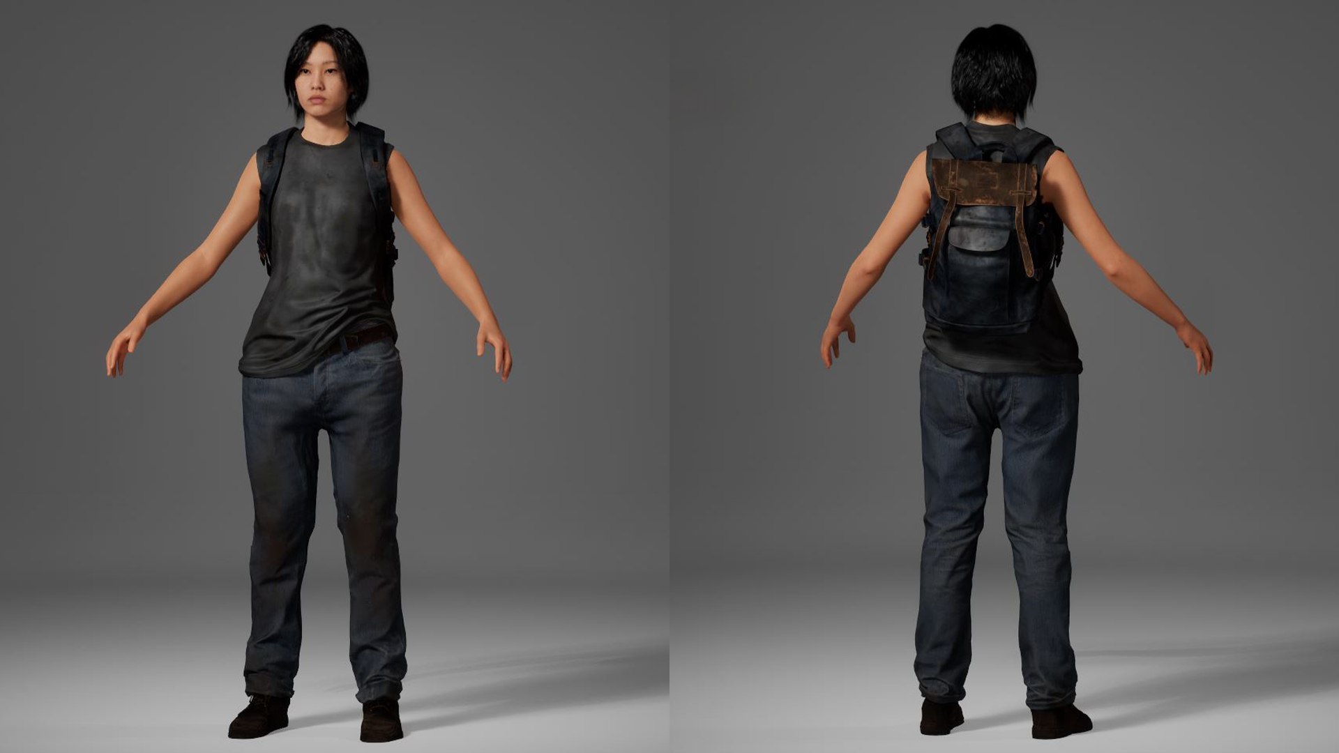 Post-Apocalyptic Female Survivor Outfit - Jeans-Tank Top - Backpack model https://p.turbosquid.com/ts-thumb/Ft/ilNfR4/9P/4/png/1765277355/1920x1080/fit_q87/f49cff609dbbd2f22f6b5b33515e56abe6faa694/4.jpg