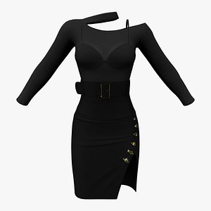 3D Side Slit Arrow Buttons Belted Mini Skirt Outfit model