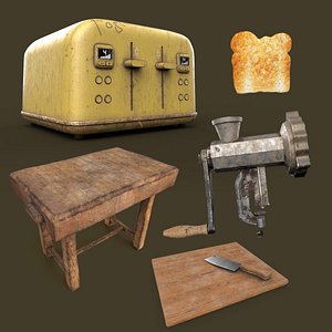 Old Kitchen Appliance -Toster-Meat grinder-Cleaver-table with PBR