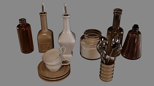 3D Kitchenware Set  Plates Spoons Forks Mugs Glasses Jars Spices Oil Bottle PBR 4K Textures