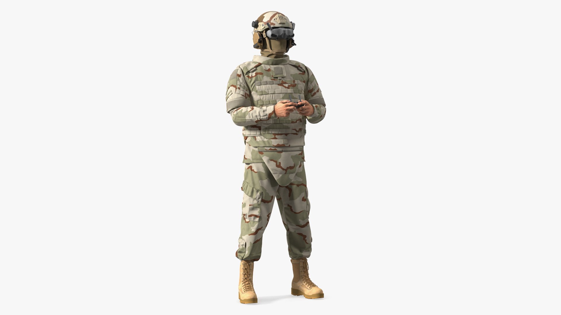 FPV Drone Operator in Desert Camouflage with Remote Control in Hands Fur 3D model preview