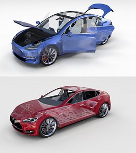 Tesla Model 3 and Model S with interior and chassis Pack