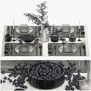 3D Table Setting With A Bouquet And Blueberries