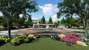 modern house with swimming pool and fireplace