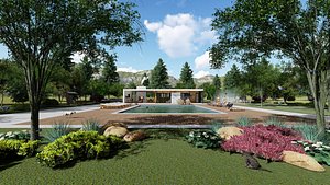 modern house with swimming pool and fireplace