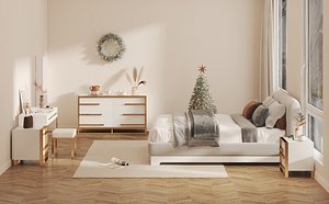 Cream Style Bedroom with Christmas Decor 3D Scene