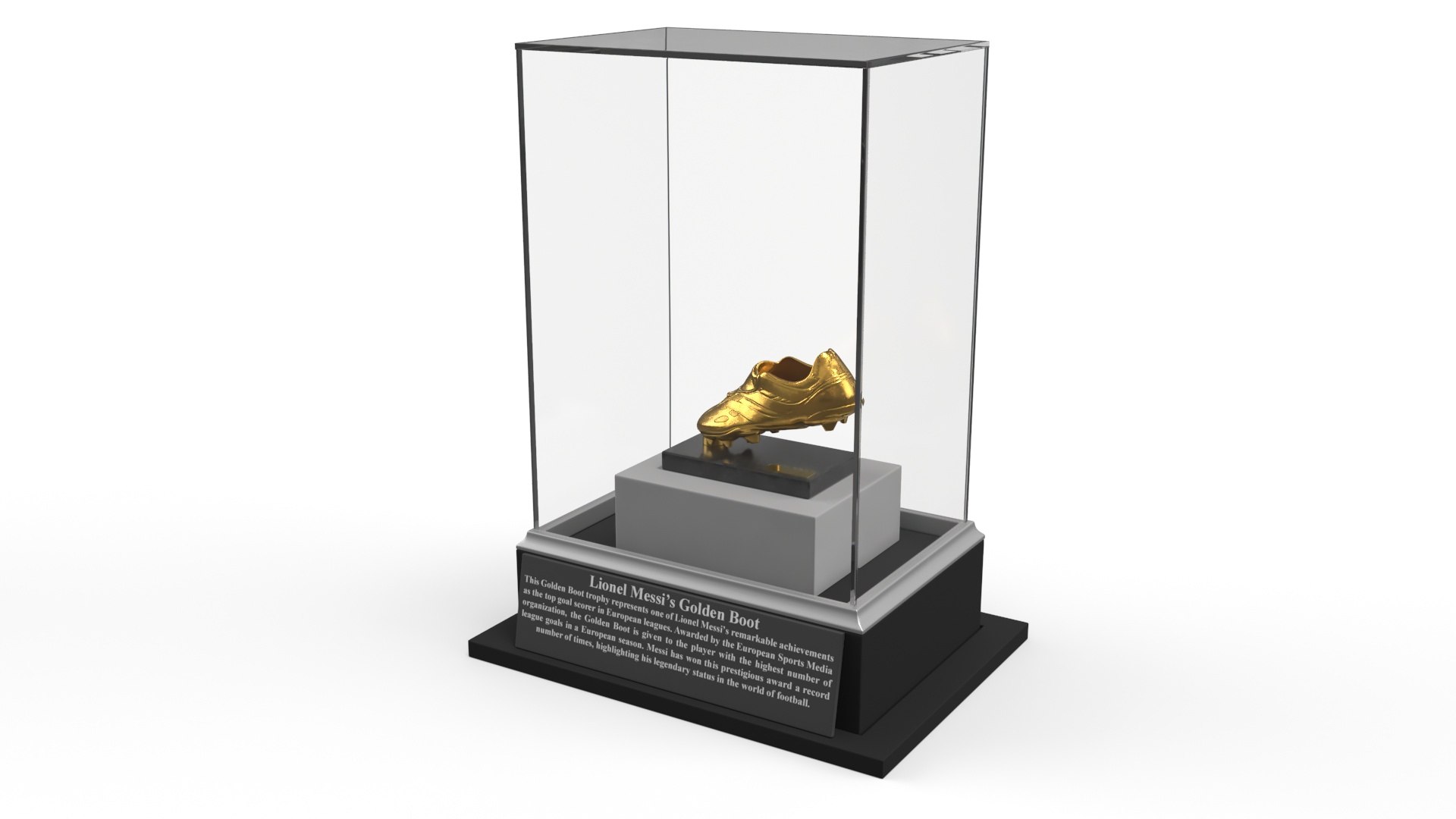 Lionel Messi Golden Boot Trophy In Display Case 3D model preview