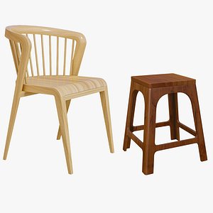 3D Wooden Dining Chair With Stool Modern model