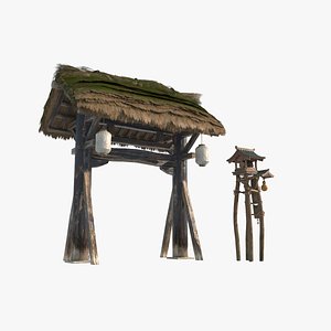 3D Asian ancient architecture thatched village gate
