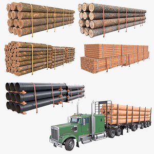 Truck 07 Log Trailer with All Loads Collection All PBR Unity UE Textures