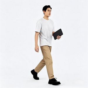 Asian Man Walking and Holding Notebook