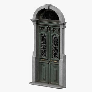 Green Wooden Door With Metallic Ornament On Windows 3D