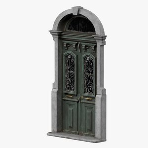Green Wooden Door With Metallic Ornament On Windows