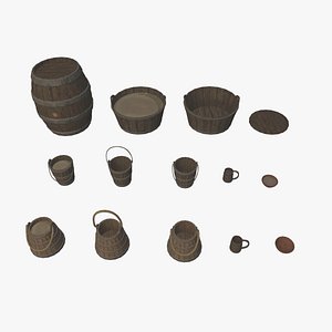 3D Medieval fantasy pirate containers buckets mugs collection