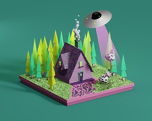house  ufo cows low-poly village 3D