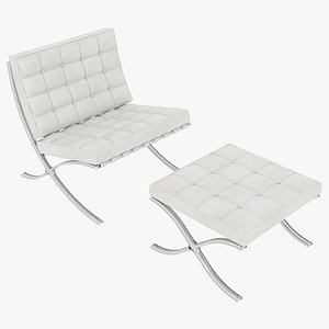 Knoll White Leather Barcelona Chair and Stool Ottoman Set(1) 3D model