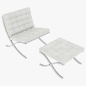 Knoll White Leather Barcelona Chair and Stool Ottoman Set(1)